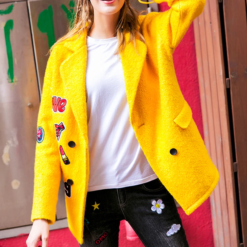 Женское осенне-зимнее плотное теплое шерстяное пальто, модное повседневное дизайнерское женское желтое пальто высокого качества Q413