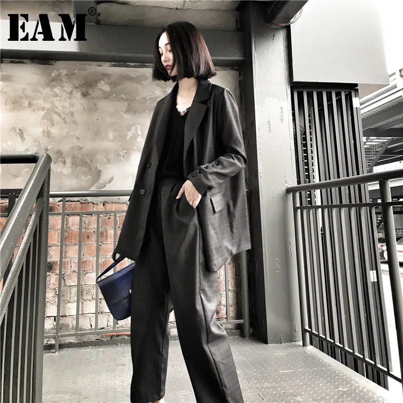 

[EAM] 2019 New Autumn Lapel Long Sleeve Loose Plaid Button Pocket Temperament Leg Pants Two Piece Suit Women Fashion JY105