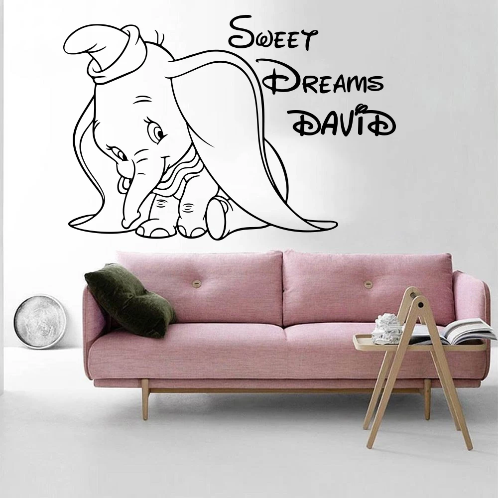 Custom Name Sweet Dream Dumbo Elephant Wall Decal Kids Room Baby Nursery Cartoon Name Dumbo Elephant Wall Sticker Bedroom Vinyl (6)