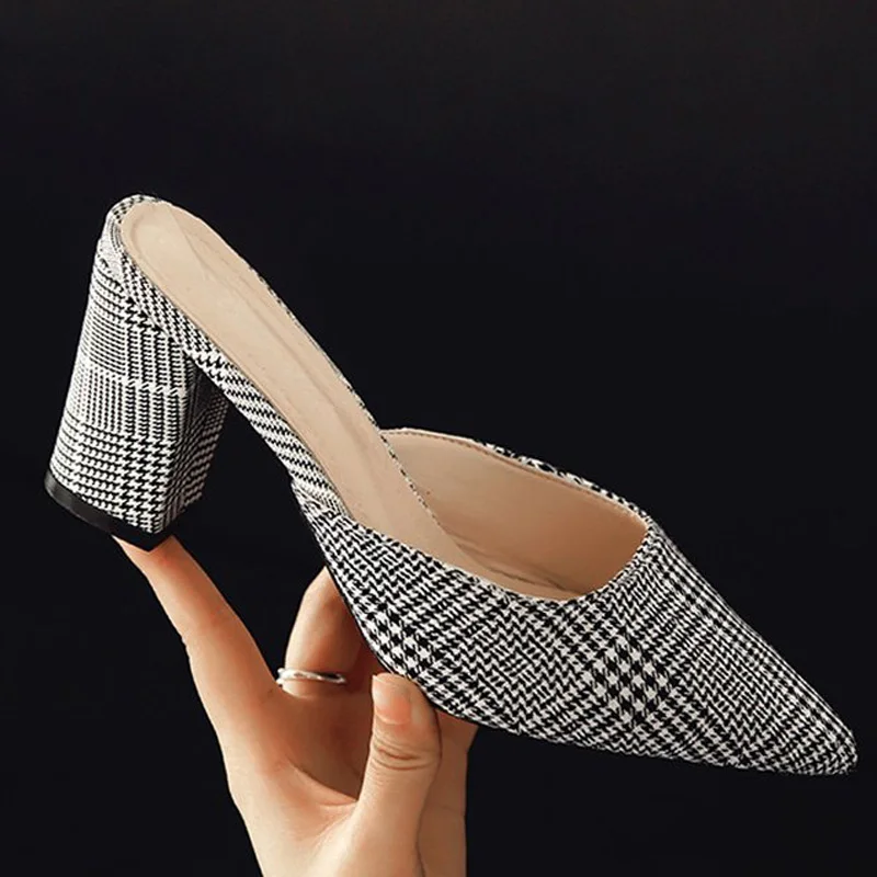 

Tangnest 2019 Summer Mules Women High Square Heels Gingham Outside Stretch Fabric Pointed Toe Slippers Casual Shoes XWT1621