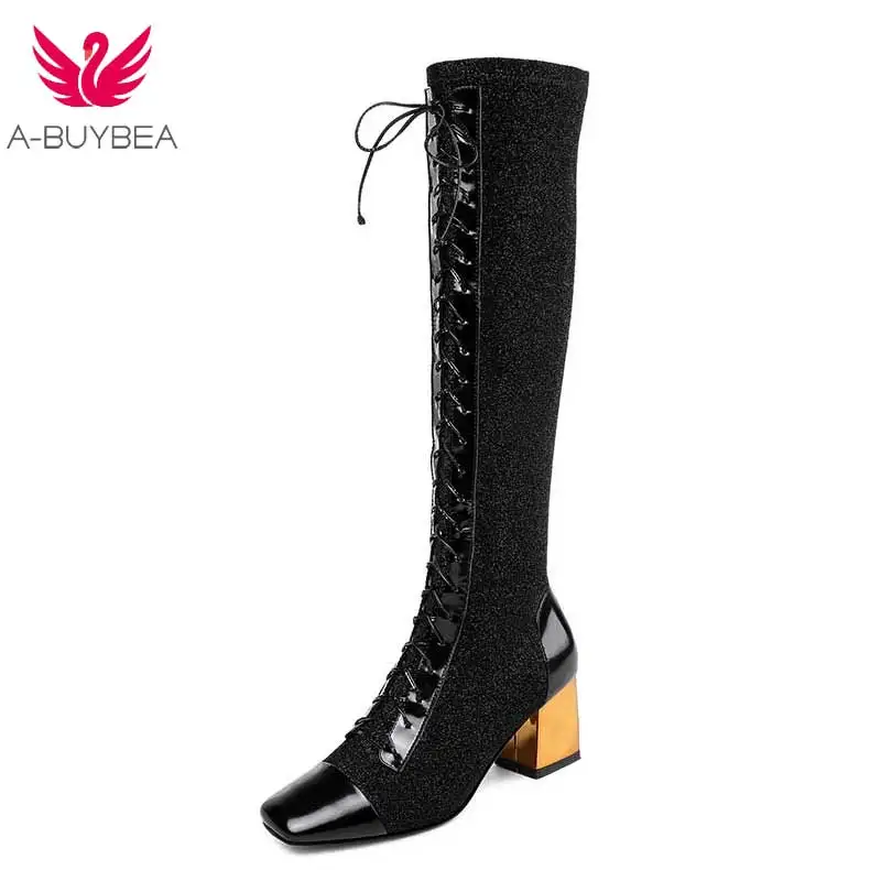 

Women's Genuine Leather Knee High Heel Square Toe Glitter Boots Lace up Shoes Ladies PU Shaft Shoes Female Footwear Black Silver