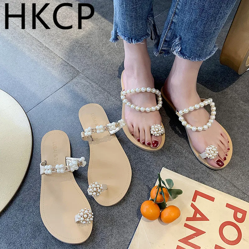 

HKCP 2019 Korean edition pearl slippers female summer students wear flip-flops outside the Roman beach C167