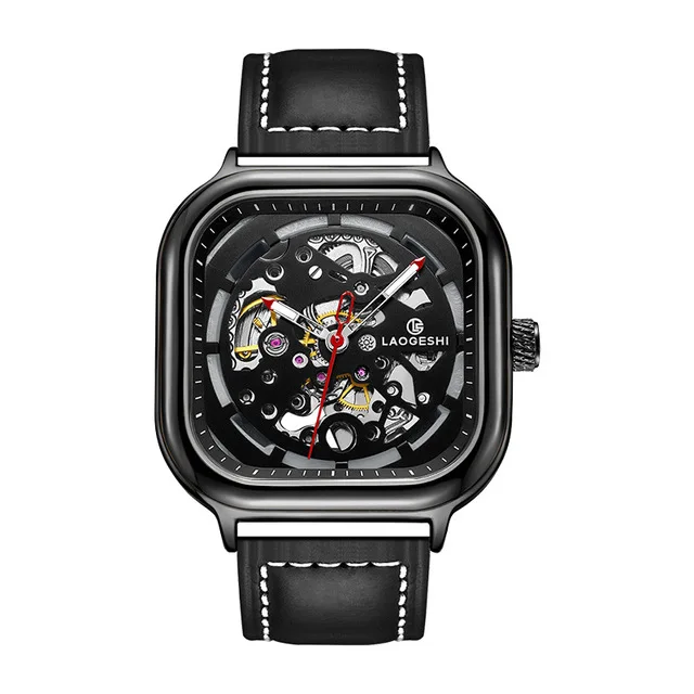 Модные квадратные механические часы для мужчин Топ люксовый бренд автоматические тонкие часы водонепроницаемые большой циферблат индивидуальные часы Xiaomi - Цвет: Black-leather