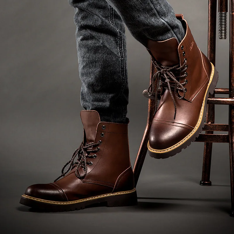 Ceny 2019 zima nowy skóra w połowie motocyklowe męskie buty buty śnieg z futro pluszowe ciepłe Vintage klasyczne męskie Casual Boot botki 45 46