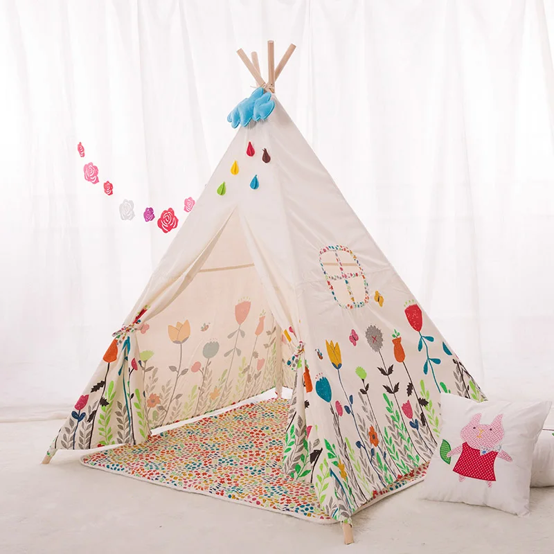 Прекрасный мультфильм дети вигвама четыре шеста детская игровая палатка хлопок холст детская палатка-Типи с цветочным принтом игровой домик в виде Винни Пуха для детской комнаты