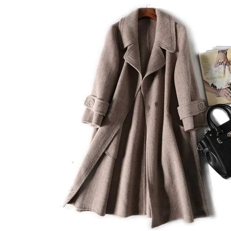 

2019 New Korean version Autumn Winter Large size Warm Woolen coat sweet solid color Long Sleeve Long Woolen coat cc517