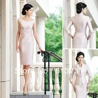Discount Free Shipping Three Quarter Sleeves Satin Knee Length Pink Mother of the Bride Dresses With Jacket 2013 Pencil Skirt