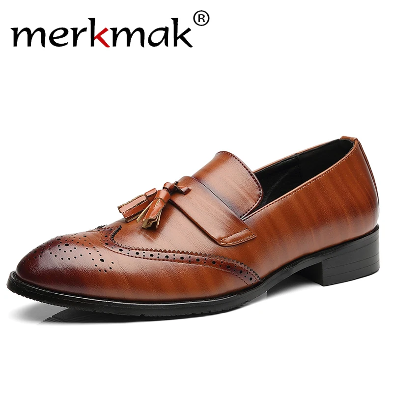 

Merkmak Brogue Shoes Men High Quality Tassel British Style Carved Split Leather Shoes Lace Up Business Mens Shoes Plus Size 48