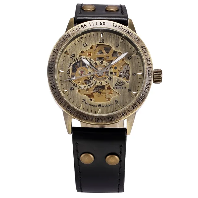 Watch Men Mechanical Automatic Watch Steampunk Skeleton Self Winding Mens Watches Retro Leather Wristwatch Clock montre homme -
