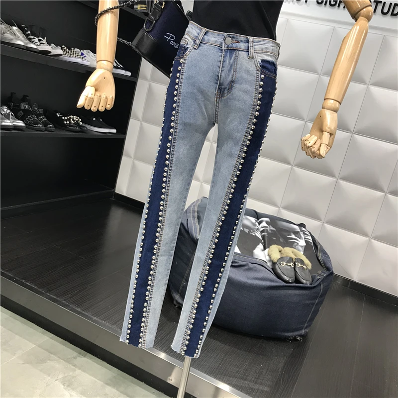 Billig 2019 frühling mode nieten jeans frauen hohe taille hit farbe schlank füße knöchel länge jeans plus größe