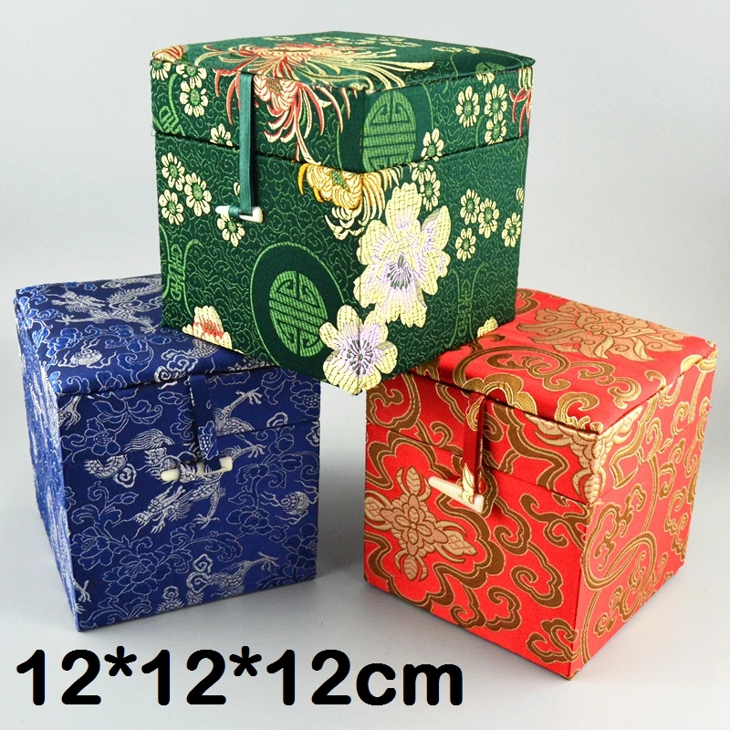 

Luxury Chinese Decorative Jewelry Gift Box Wood Fabric Storage Box 12 Cube Jacquard Silk Collection Box Packaging 12x12x12 cm