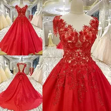 BackLakeGirls Custom Made Red Appliques Crystal Flowers V-Neck Cap Sleeve Count Train Wedding Dresses Ball Gowns Bridal Dresses