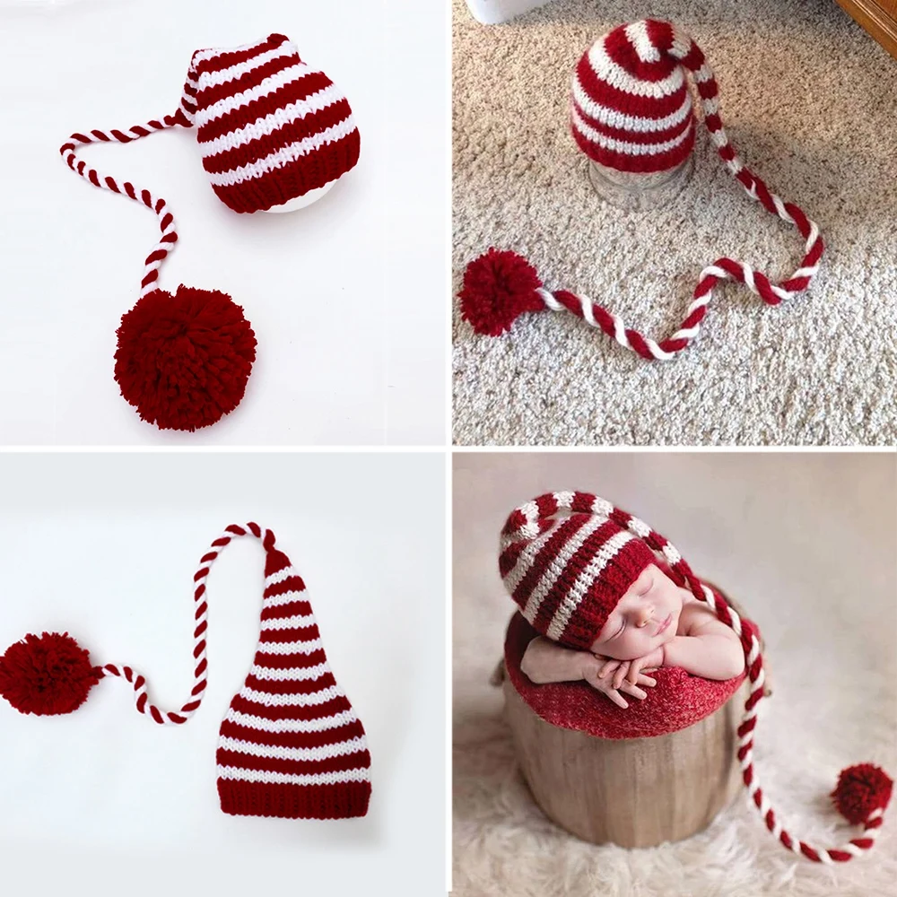 

Baby knitting Long Tails Christmas Hat Newborn Photography Props Red White Stripe Crochet Baby Hats Baby Props For Fotografia