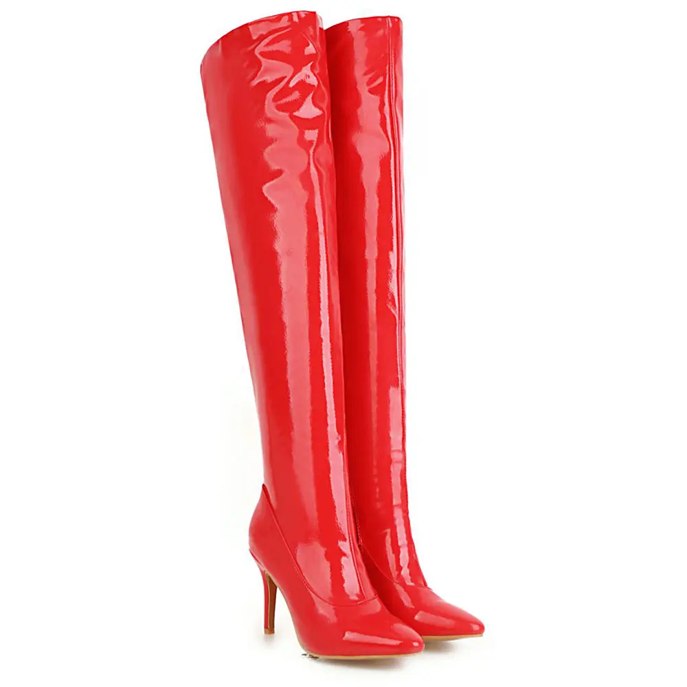 Lasyarrow Для женщин на шпильке, до бедра, ботинки Привлекательные женские ботинки красные, черные Лакированная кожа Ботфорты на молнии; длинные сапоги; Mujer - Цвет: Красный