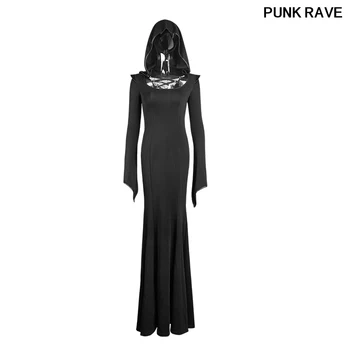 

female Gothic Long Dress with Hood Fashion personality high elastic knitted spider web lace stitching Dress PUNK RAVE Q-296