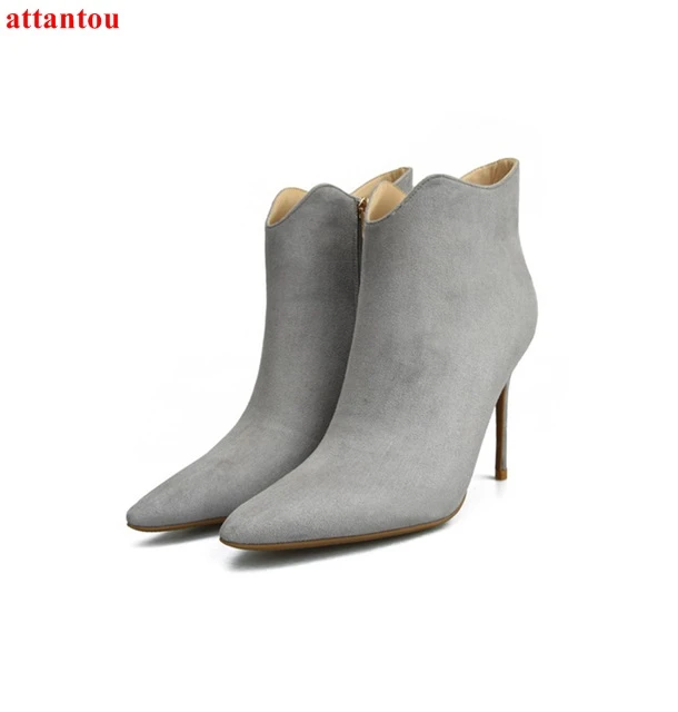 de punta estrecha para botas cortas de ante con tacón fino, zapatos vestir para fiesta y oficina, color gris|Botas hasta el tobillo| - AliExpress