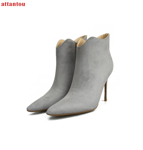 Pointed Toe woman ankle boots grey suede leather thin heel female short