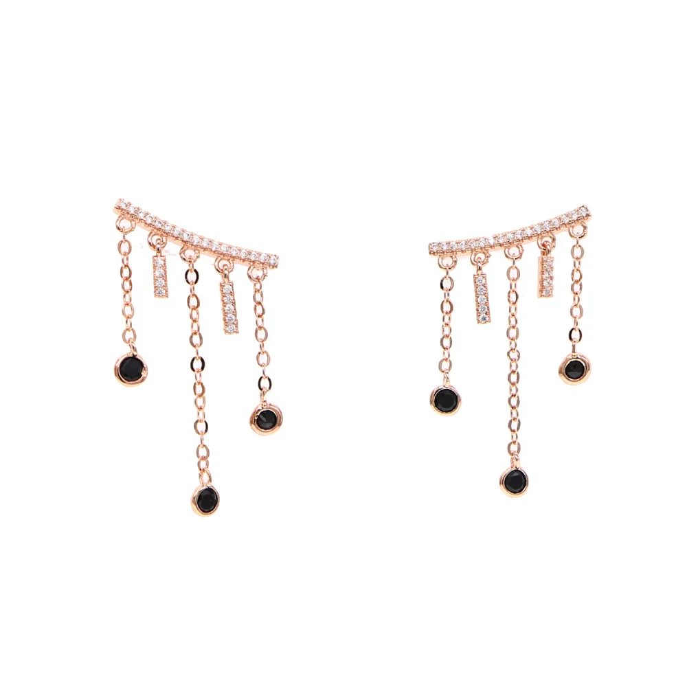 Роскошные женские черные прозрачные серьги-каффы с фианитами, альпинистская цепочка с кисточками, модные женские серьги золотого цвета с фианитами