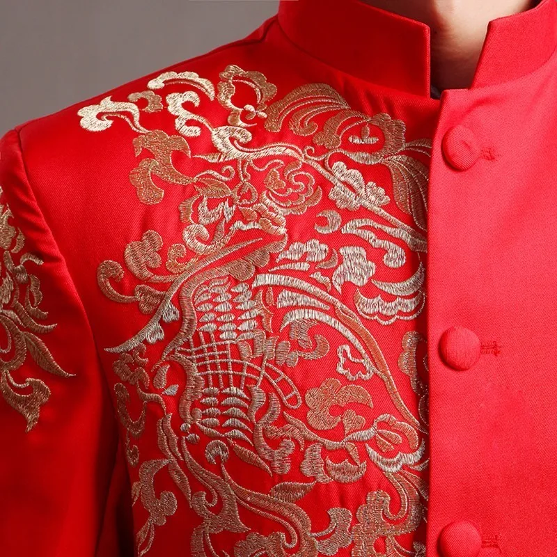 Современный Cheongsam Топ Vestido традиционная одежда для жениха Ципао Красная Вышивка