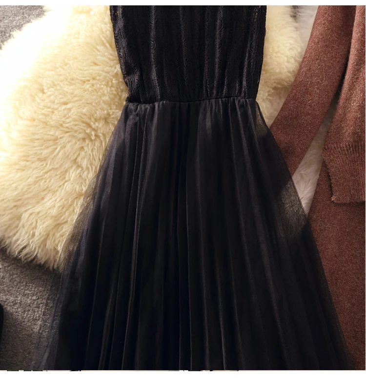 Новинка, Осень-зима, Женский вязаный свитер с длинным рукавом и асимметричным подолом+ черное газовое платье, комплект из двух предметов, женское элегантное платье