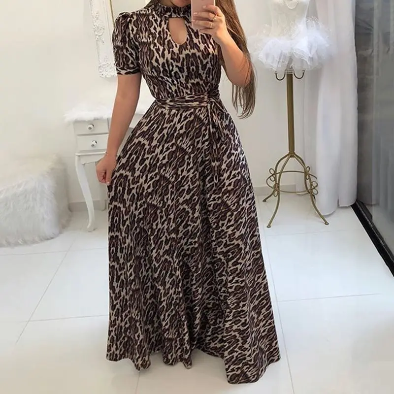

Summer Sexy Club Party Beach Gray Plus Size Women Long Party Casual Hollow Print Leopard White Female Fashion African Maxi Dress