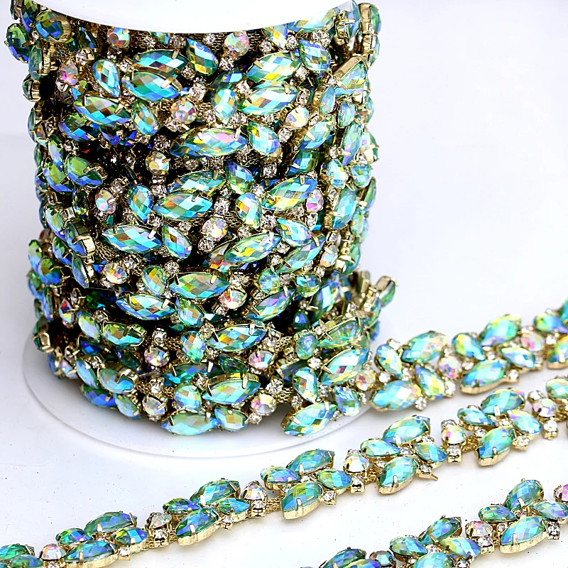 

20mm 1 Yard Green AB Color Glass Strass Rhinestones Cup Chain Claw Chain Rhinestones Trimming For Garment Accessories Y2316