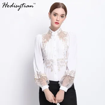 

Hodisytian Summer Fashion Women Shirts Elegant Slim Fit Pleated Blouse Casual Floral Embroidered Full Sleeve Blusas Camisa Femme