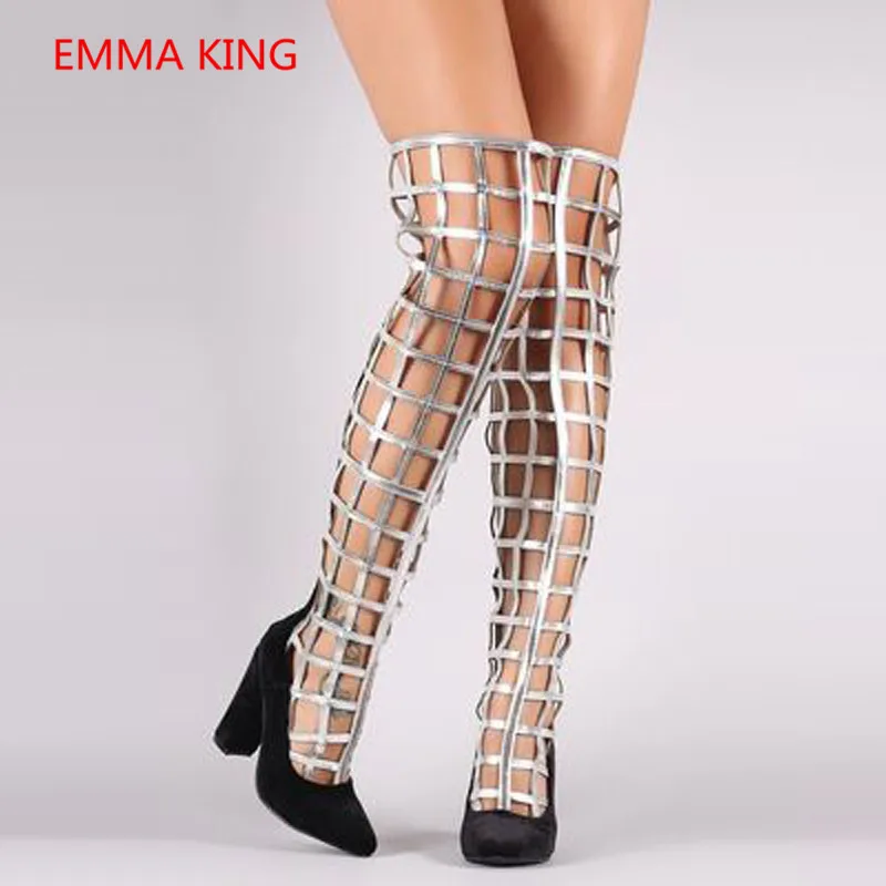 

Fashion Hollow Women Over The Knee Sandals Boots Pointed Toe Back Zipper Chunky High Heels Pumps Summer Ladies Party Roman Shoes