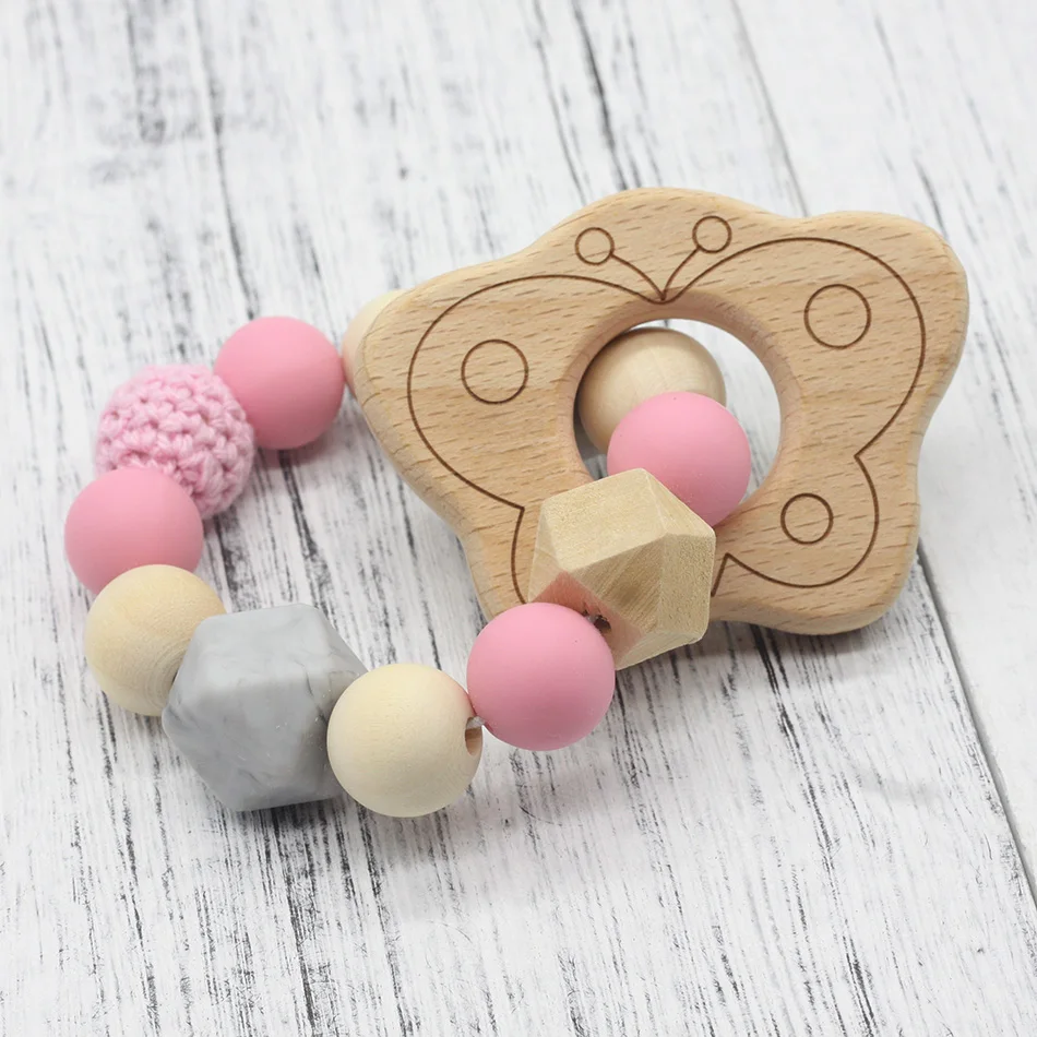 GLJ.CY Free shipping Pacifier Clip Wooden Organic and Silicone Beads Rattle Holder Chewable Baby Accessories pendant