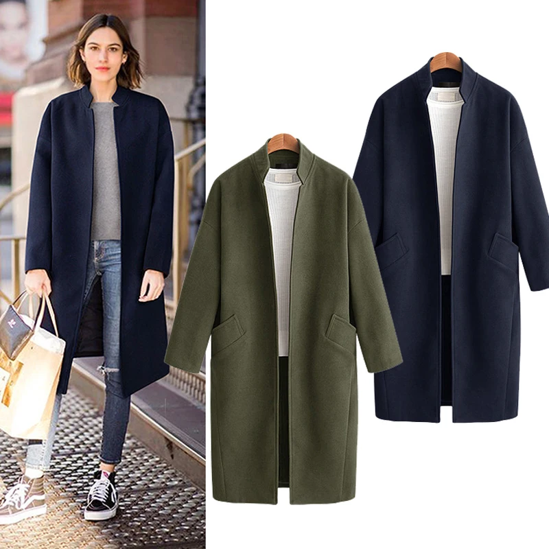 

2019 Fall Winter Women Simple Classic Stand Collar Open stitch Oversized Coat Female Outwear Manteau Femme Brief elegant Coat