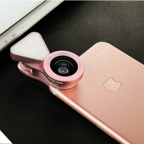 3 в 1 объектив сотового телефона 3 Регулируемый заполняющий селфи светильник 15X макро 0.4X-0.6X Широкоугольный объектив HD объектив камеры для iPhone 7 Plus 6s 6 - Цвет: rose LQ-035