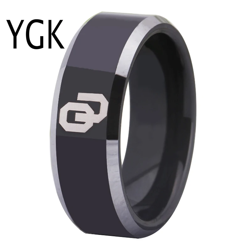 

Free Shipping Customs Engraving Ring Hot Sales 8MM Black With Shiny Edges Oklahoma Design Tungsten Wedding Ring