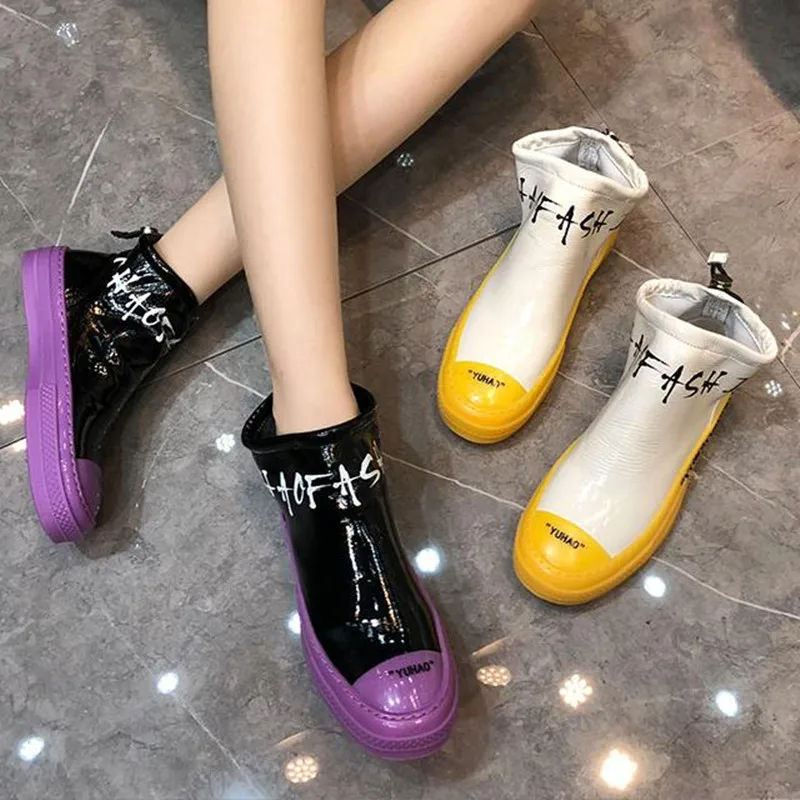 

2018 autumn winter new women's shoes color letters flat Patent leather casual booties chelsea boots Female women boots