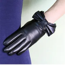 Black Women's Sheepskin Gloves Genuine Leather Butterfly Knot Driving Gloves Winter Warm Plus Velvet Factory Direct Sale WF1603