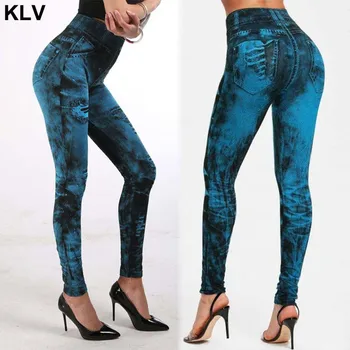 

Women Imitation Distressed Denim Jeans Leggings High Waist Slim Elastic Yoga Pencil Pants