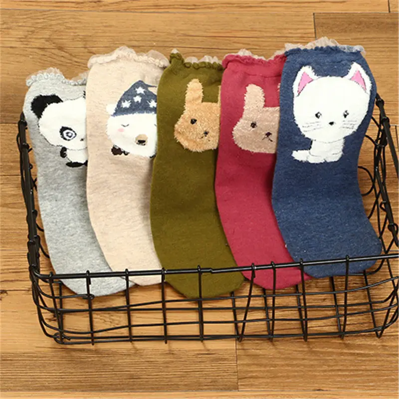 

Women Funny Socks Cotton Cartoon Animal Print Lace Socks Breathable Comfortable Harajuku Lady's Mid Socks Lovely