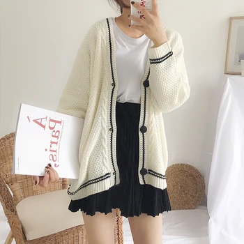 

Autumn winter fashion elegant lazy style solid color simple coat casual loose single-breasted V-neck striped Sweater Female
