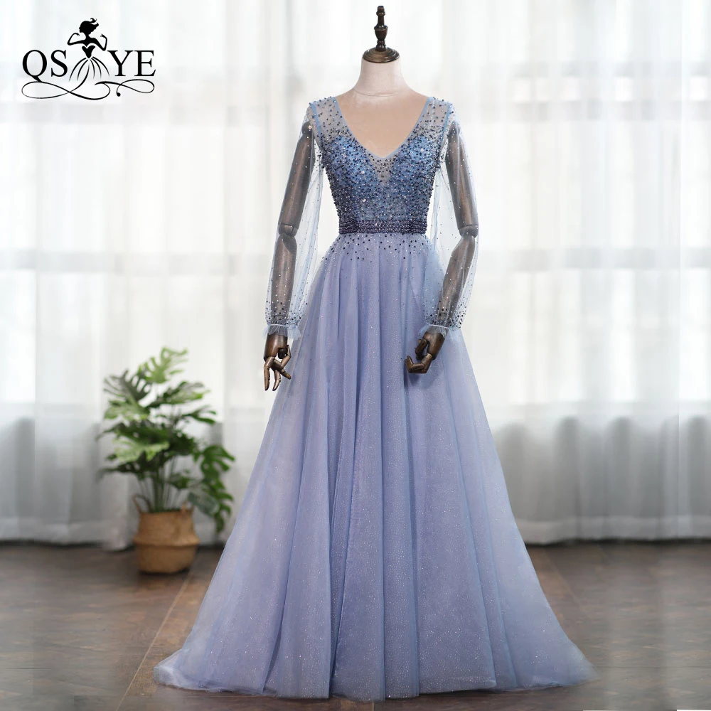 

QSYYE 2019 Cheap Evening Prom Dress Dusty Blue Long Sleeves Heavy Beading Dexy Deep V-neck Party Gown
