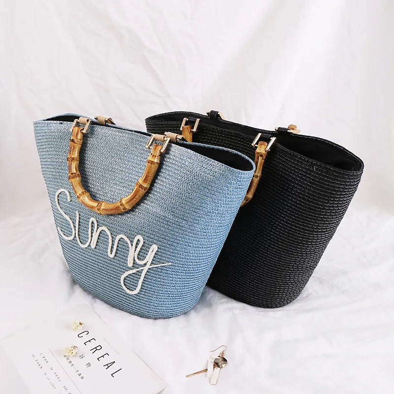 

Women's Handmade Woven Big Clutch Bag Lady's Bamboo Handle Straw Handbag Embroidered Beach Bags Female Fashion travel handbags