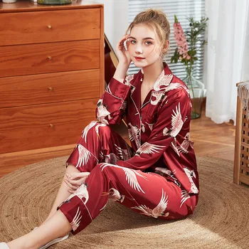 

Womens Pajamas Sets Satin Sleepwear Two Piece Pyjamas Silk Pijama Long Sleeve Loose Flower Print Nightwear With Pants