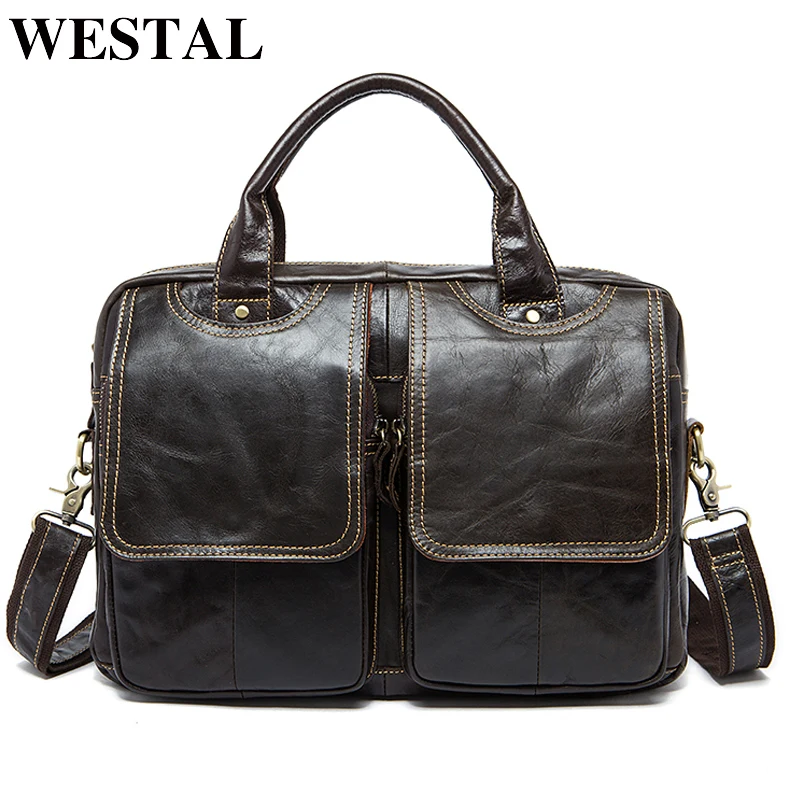 Kaufen WESTAL Business Aktentaschen Tasche Messenger Taschen männer Echte Leder Laptop Tasche 14 Tasche für Dokument Männlichen Aktentaschen Totes 8002