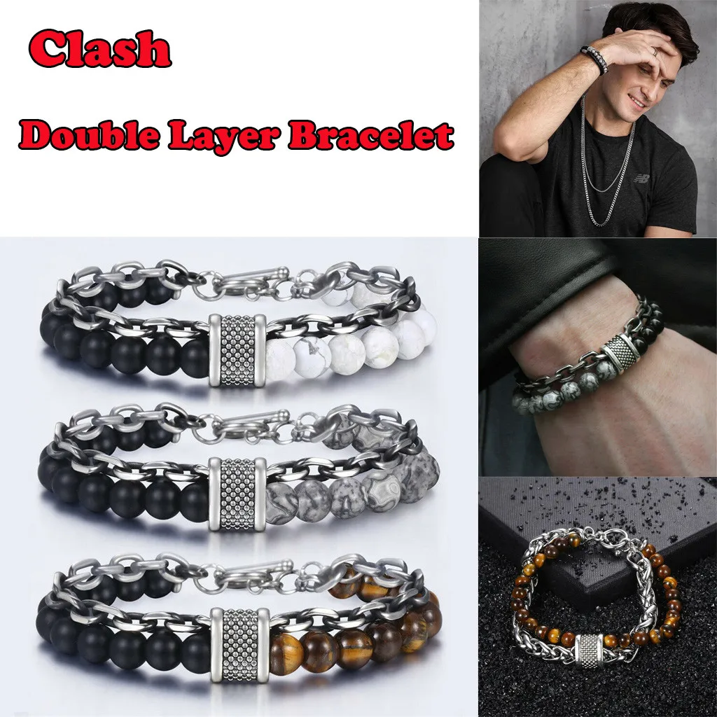 2019 Bracelet Men Fashion Clash Double Layer Bracelet Beaded Cuff Charm Bangle Jewelry bacelets Fashion Accessories