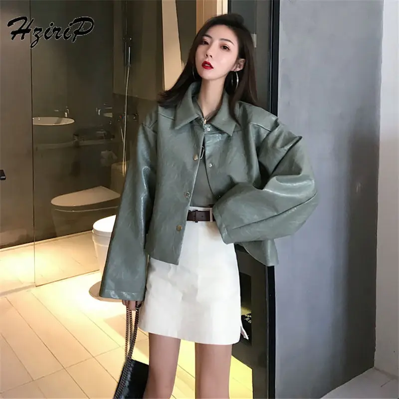 

Hzirip 2018 New Autumn Solid Fashional Women Slim PU Leather Jackets Female Short Coat Single Breasted Black Outwear Simple
