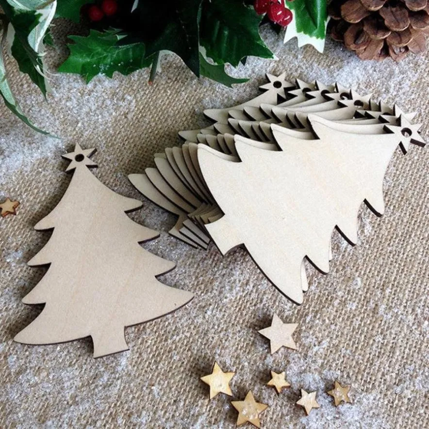 Newest Wholesale 10Pcs Christmas Wood Chip Tree Ornaments Xmas Hanging Pendant Decoration Gifts