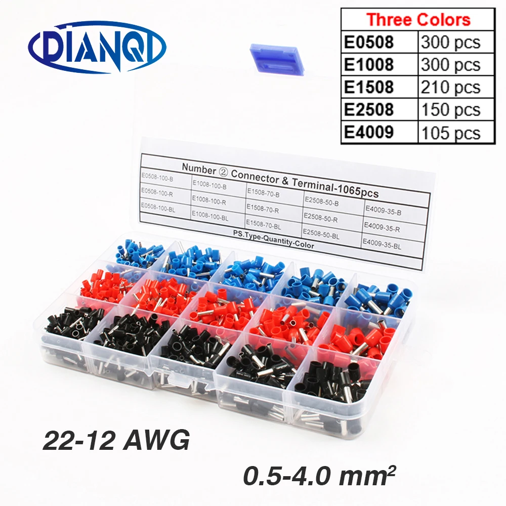 1065 шт./компл. 3 цвета 22 ~ 12AWG обжимной разъем для проводов Изолированный Шнур контактный Конец Терминал Bootlace cooper наконечники комплект