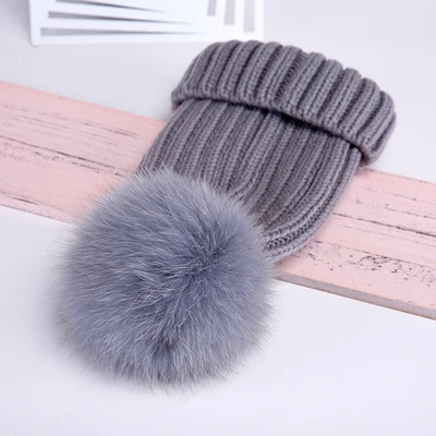 Real Fur Hat Knitted Real fox hair bulb Pom Pom Hat Women Winter Hat Unisex Kids Warm with wool Chunky Thick Stretchy Knit hat - Цвет: Gray hair bulb