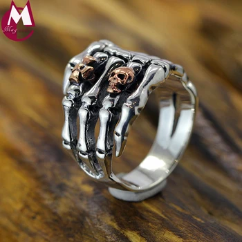 

Luxury 925 Sterling Silver Red Skull Finger Bone Cross Charm Black Punk Rock Skeleton Hand Male Gothic Rings Men Fine Jewelry