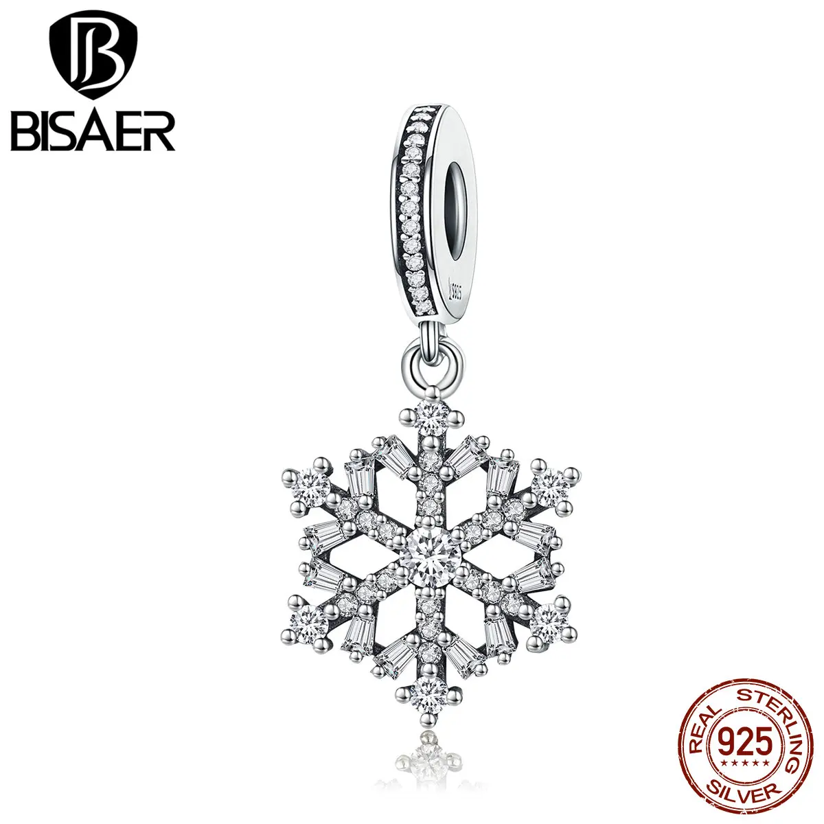 BISAER 925 пробы серебро снежинки Подвески кубический циркон подвеска в форме снежинки браслет шарма ожерелья, аксессуары к ювелирным украшениям DIY C266