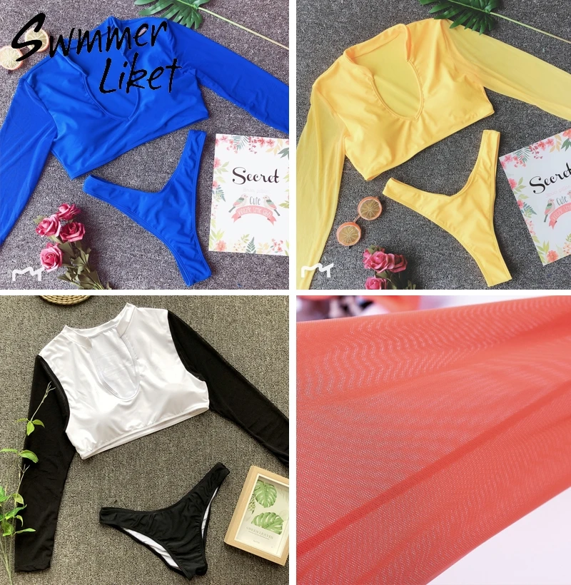 Orange high cut two-piece suits Mesh long sleeve brazilian bikini Push up swimsuit Sexy thong swimwear women bathing suit 2019 Orange high cut two-piece suits Mesh long sleeve brazilian bikini Push up swimsuit Sexy thong swimwear women bathing suit 2019