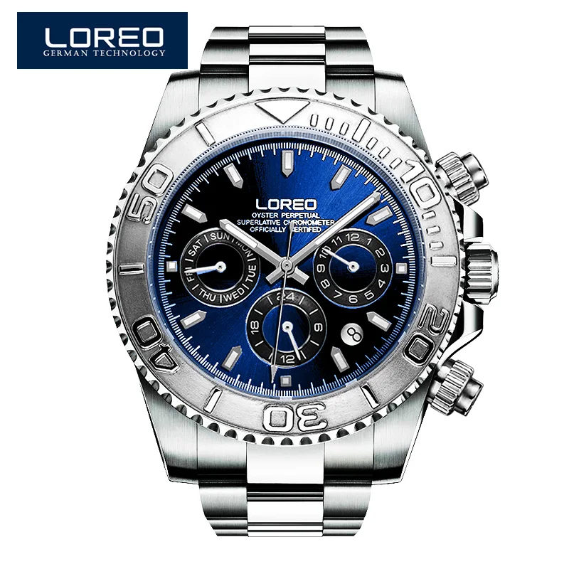 

LOREO high quality automatic mechanical retro business waterproof luminous men's watches stainless steel fashion blue watch